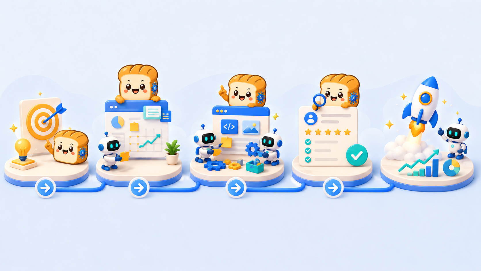 BreadHead work moving from goal through planning, production, review, and launch