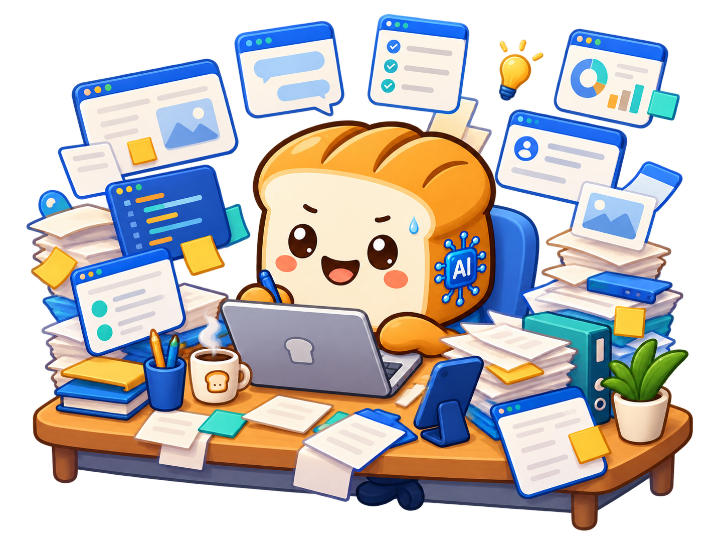 The BreadHead mascot coordinating an overloaded desk full of unfinished work